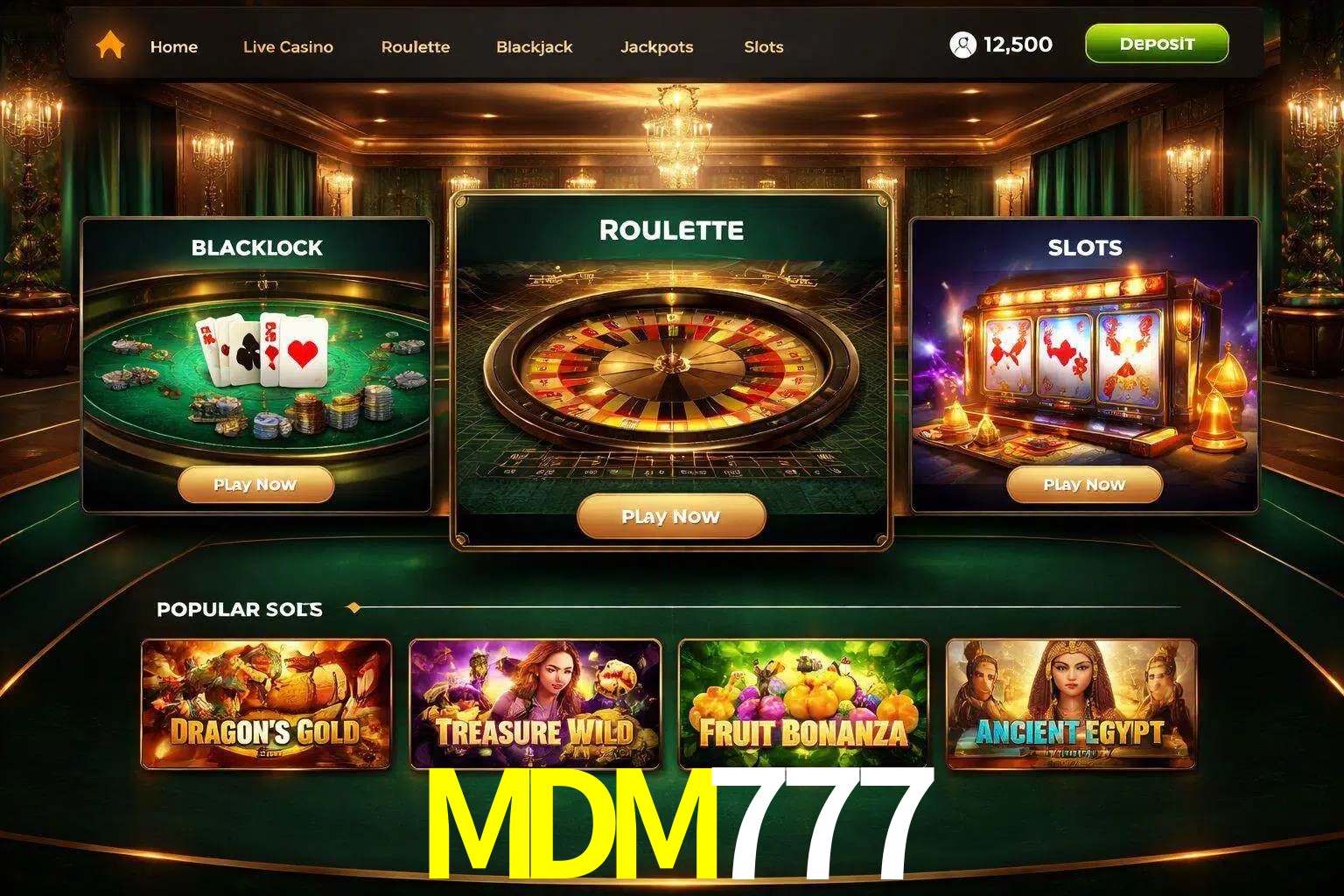 Vista de la plataforma MDM777 Casino mostrando categorías organizadas de juegos en línea