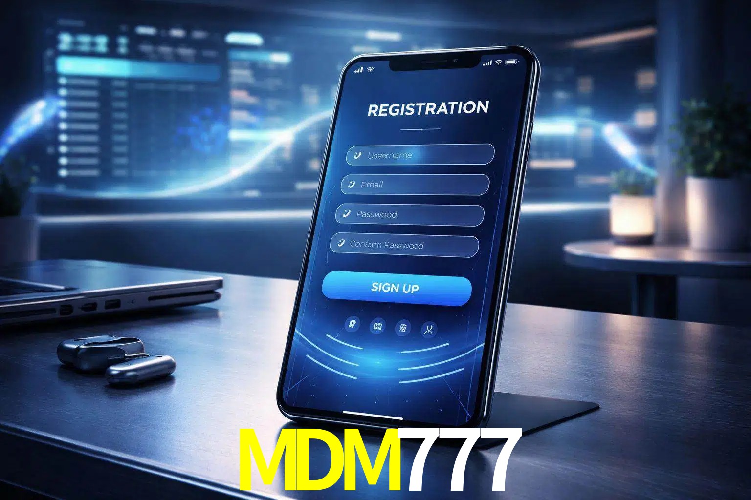 Una interfaz moderna de registro móvil para MDM777 mostrada en un smartphone con un panel de apuestas elegante.